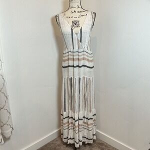 L*SPACE Striped Maxi Dress White Black Tan Boho Beach Vacation S P V Neck